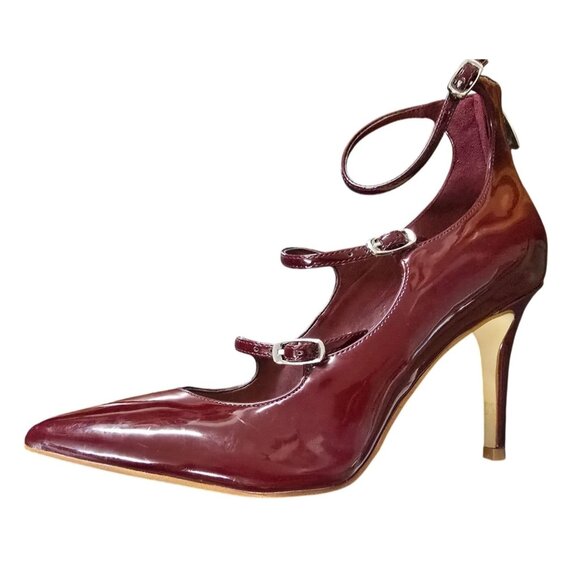Marc Fisher Burgundy Patent Strappy Pointed Toe Pumps Ankle Strap Heels Size 8 - Picture 1 of 11